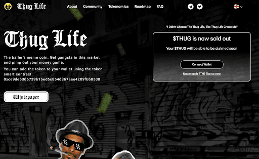 Nova meme coin Thug Life é listada em bolsas cripto baseadas em Ethereum