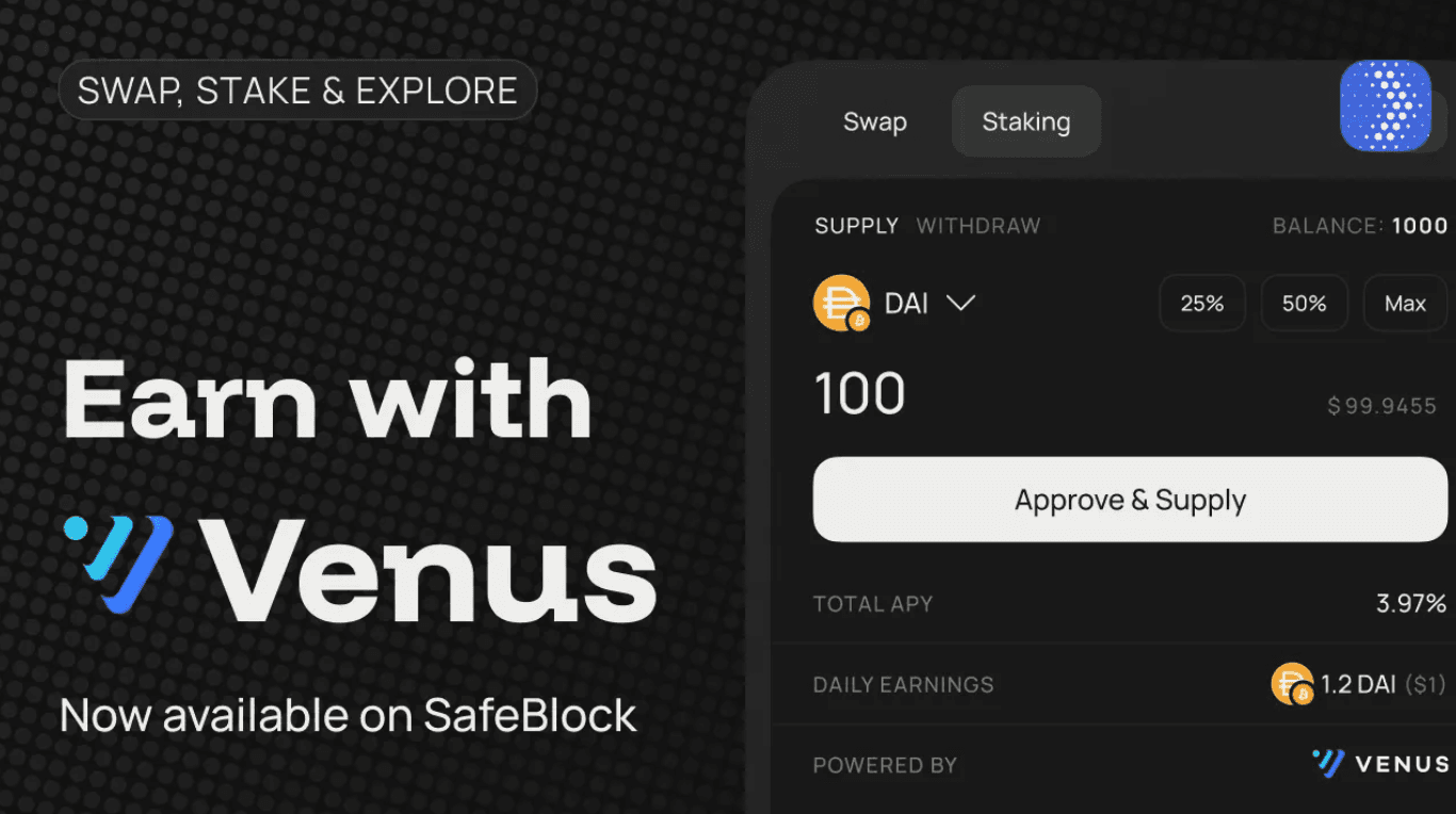 SafeBlock integra Venus Protocol, tornando o staking DeFi acessível a todos