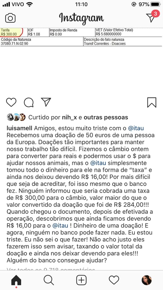 Itaú cobra R$ 300 de taxa em doação de € 50,00