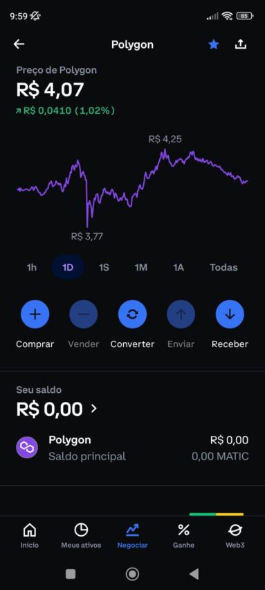 Tela do app da Coinbase que apresenta a criptomoeda Polygon.