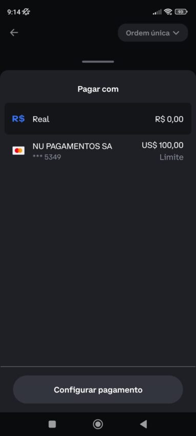 Tela de configuração de pagamentos do aplicativo da exchange Coinbase.