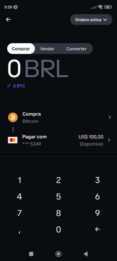 Painel de compra da criptomoeda Bitcoin no aplicativo móvel da exchange Coinbase.
