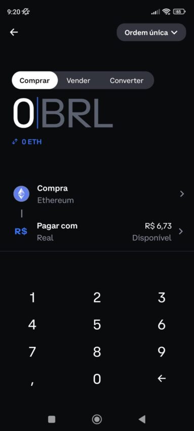 Tela de compra de Ethereum com reais brasileiros no aplicativo móvel da exchange Coinbase.