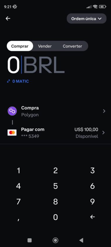Tela no app da Coinbase que ilustra o início do processo de compra da criptomoeda Polygon.