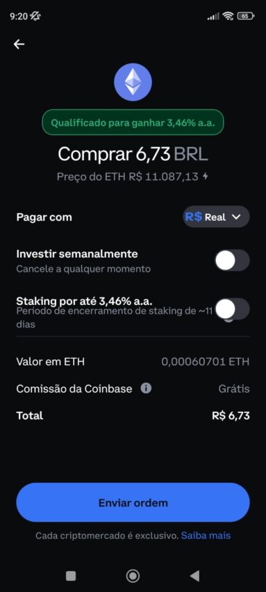 Tela de confirmação de compra de Ethereum no aplicativo móvel da exchange Coinbase.