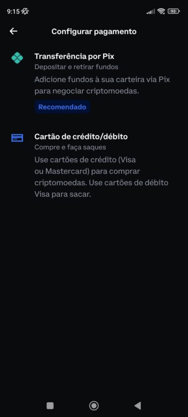 Configurações de pagamento no aplicativo da Coinbase.