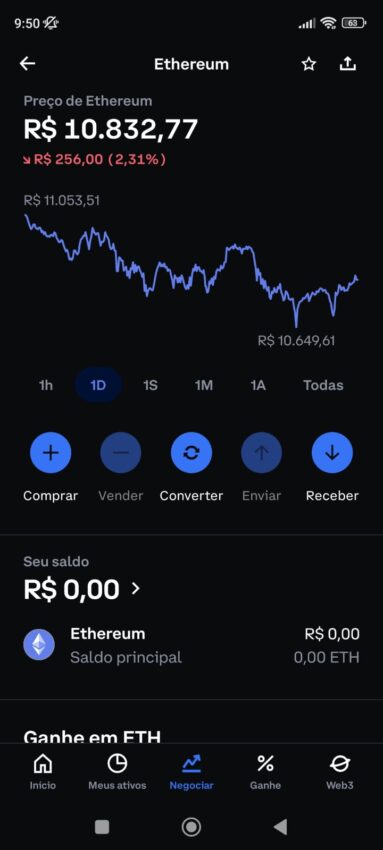 Tela de negociação do aplicativo da Coinbase onde observamos os botões de compra, conversão e recebimento de Ethereum.