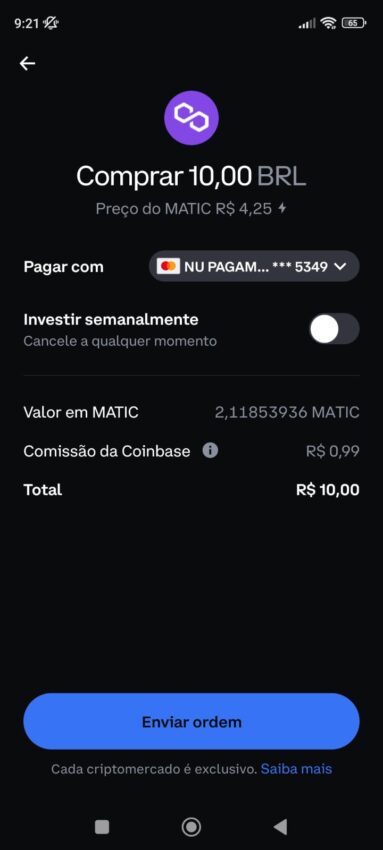 Exemplificação da compra de Polygon MATIC no app da Coinbase.