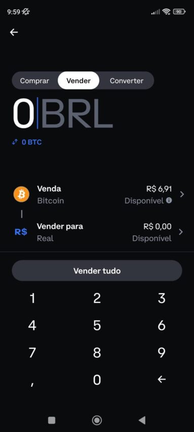 Imagem que ilustra a venda de Bitcoins no aplicativo móvel da exchange Coinbase.