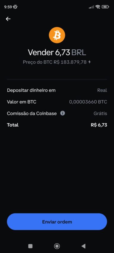 Imagem que ilustra a tela de revisão de uma negociação de venda de Bitcoin no aplicativo móvel da exchange Coinbase.
