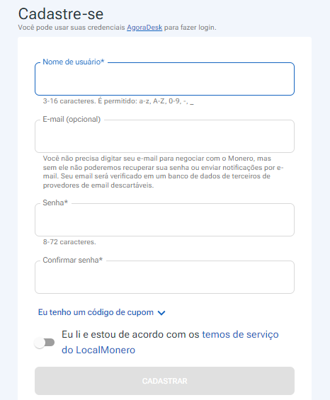 Formulário de cadastro na LocalMonero.