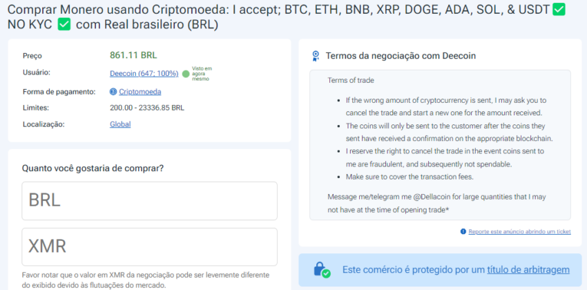 Tela de revisão de dados de venda na LocalMonero.