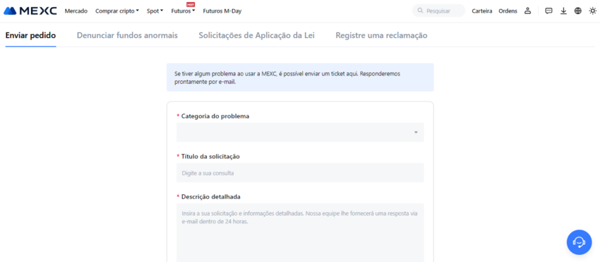 Interface que exibe o formulário de suporte ao cliente da exchange de criptomoedas MEXC.