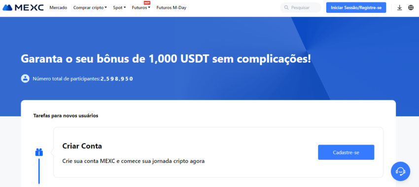 Tela de oferecimento de bônus da exchange MEXC.