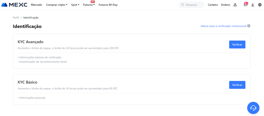 Tela que ilustra as configurações de KYC na exchange MEXC.