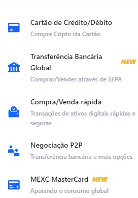 Interface de métodos de compra disponíveis na exchange de criptomoedas MEXC.