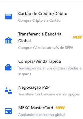 Interface de métodos de compra disponíveis na exchange de criptomoedas MEXC.