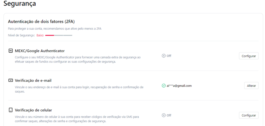 Listagem dos itens de segurança apresentados pela exchange MEXC.