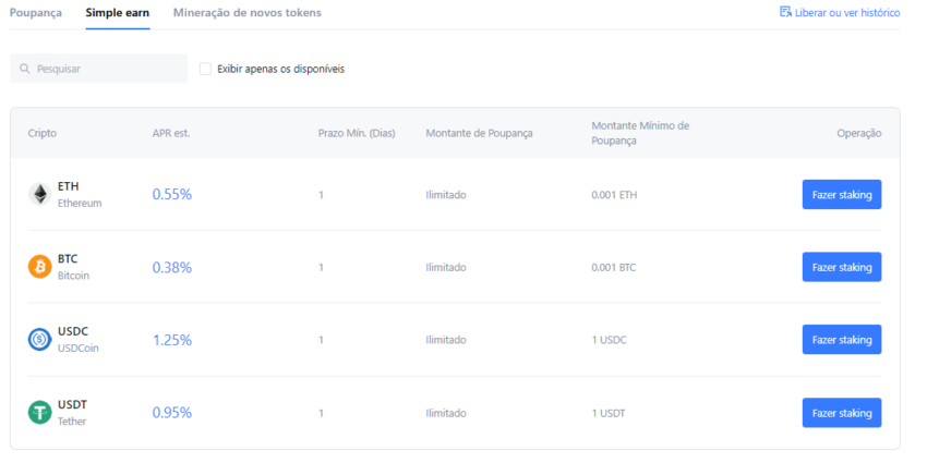 Interface de staking na exchange de criptomoedas MEXC.