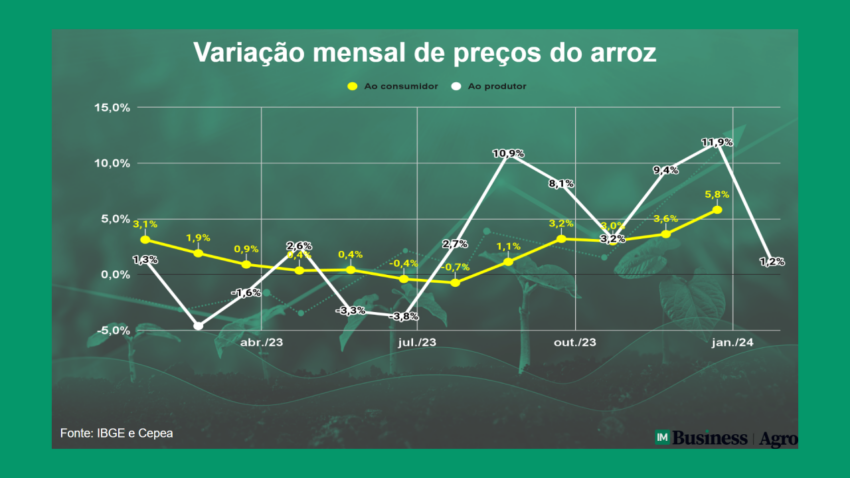 Variação mensal de preços do arroz. Fonte: IBGE / CPEA