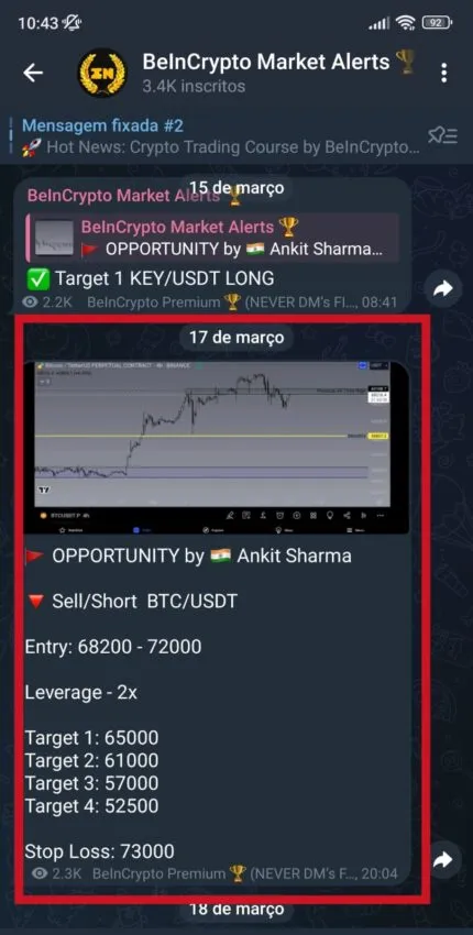 Exemplo de um sinal de trading do grupo do Telegram do BeInCrypto