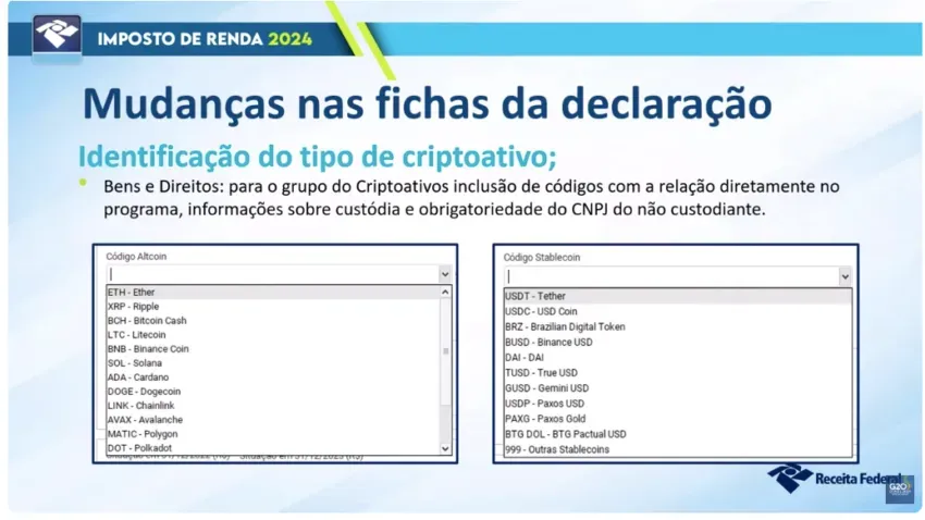 imagem mostra as mudanças para detentores de critptoativos que precisam declarar o Imposto de Renda 2024. A partir desde ano é preciso informar o tipo de criptomoeda e stablecoin