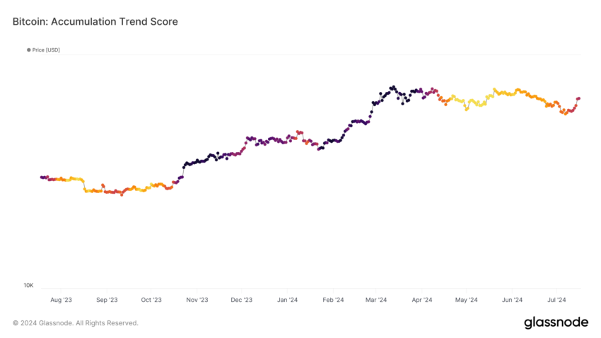 Pontuação de tendência de acumulação de Bitcoin. Fonte: Glassnode