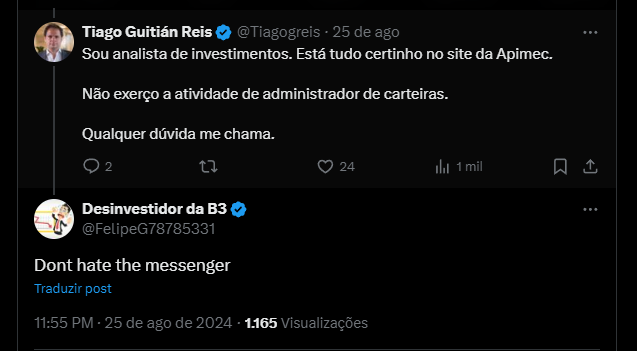 Thiago Reis se denfendas críticas na internet.