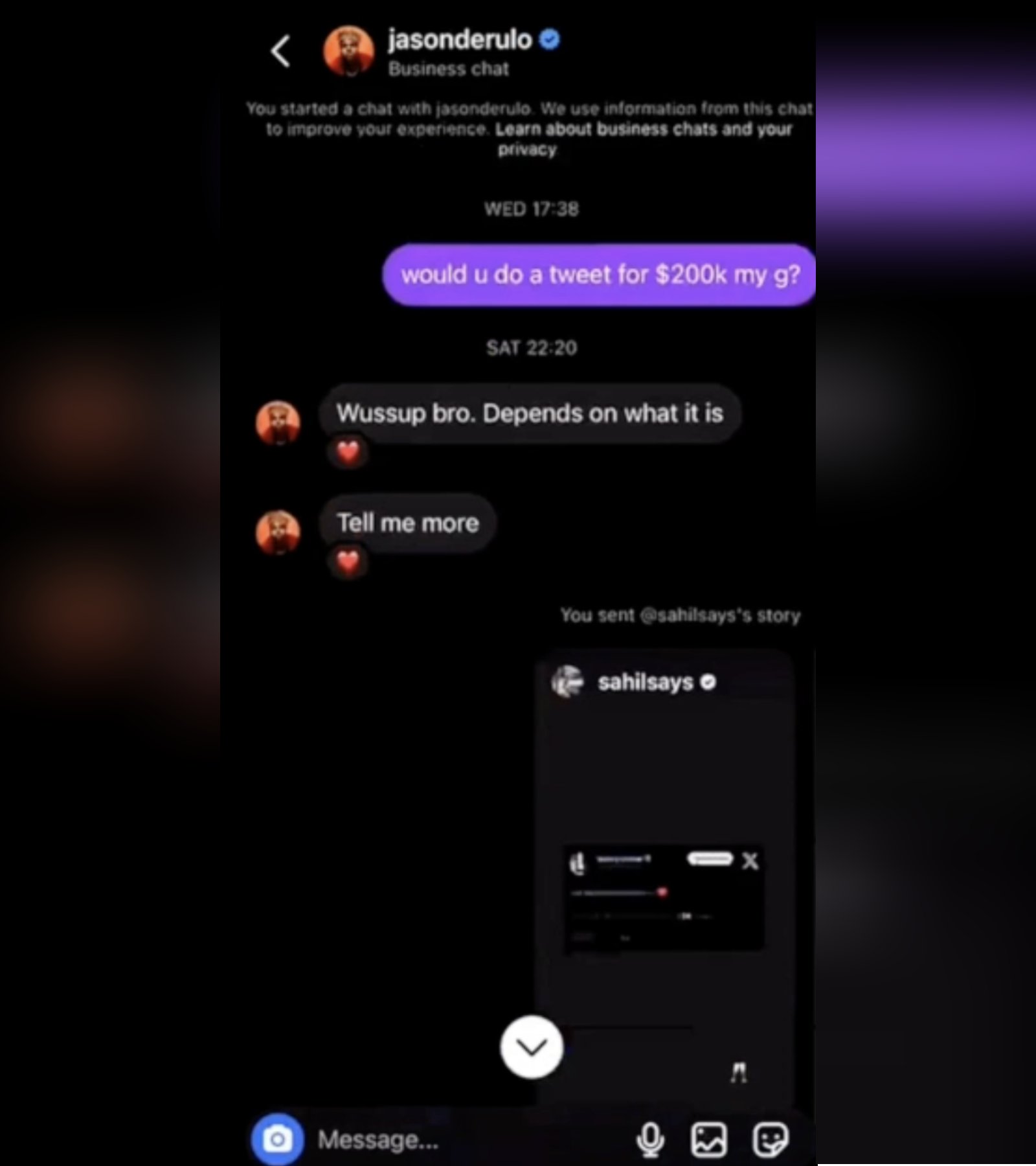 O suposto bate-papo de Sahil Arora com Jason Derulo sobre meme coins