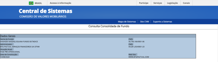 Aprovação do EFT de Solana da Hashdex registrada no sistema da CVM.