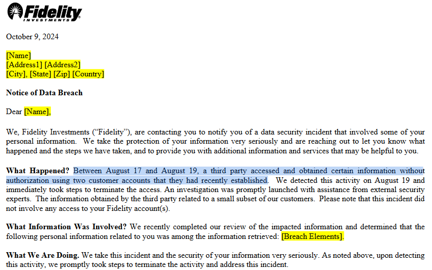 Exemplo de carta de ‘Notificação de Violação de Dados’ enviada pela Fidelity a 77 000 clientes