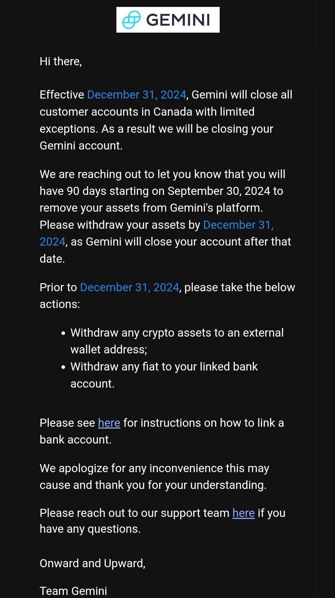 email da Gemini aos clientes