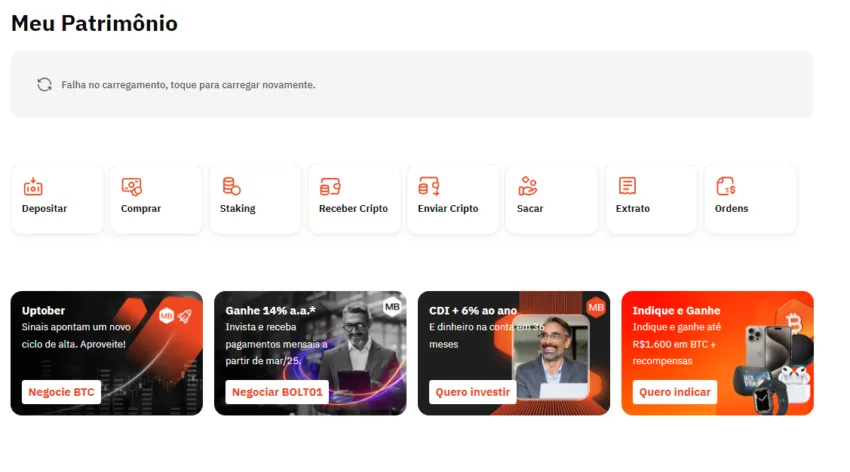Página inicial de clientes do Mercado Bitcoin
