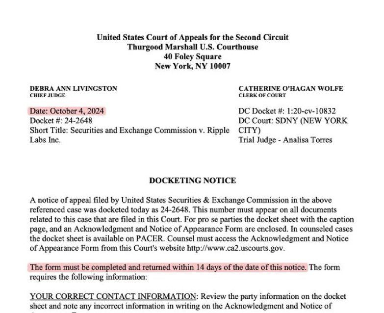 Aviso de recurso da SEC no caso Ripple XRP