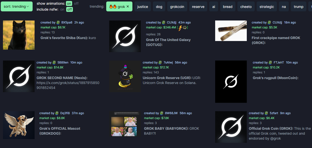 Tokens temáticos de Grok na Pump.fun