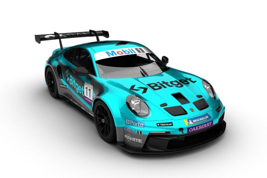 Porsche com marca da Bitget, pilotado por Flávio Sampaio na Porsche Carrera Cup.