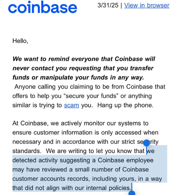 Nota da Coinbase para clientes