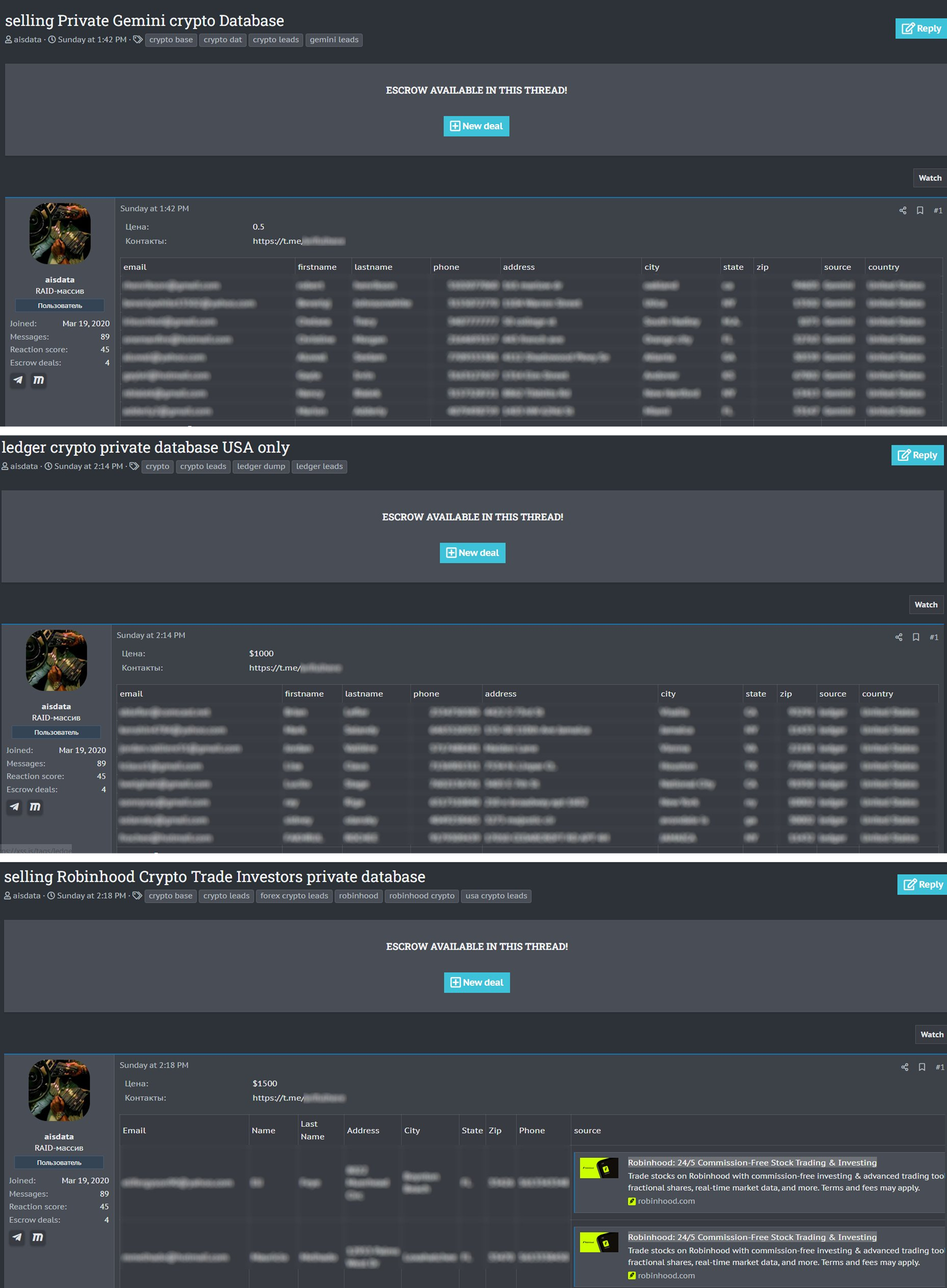 Ameaça vendendo dados de usuários da Ledger, Gemini, Robinhood. Fonte: X/Dark Web Informer