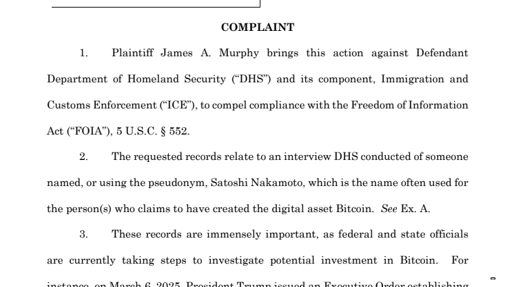 Trecho do processo de James Murphy contra o Departamento de Segurança Interna pela identidade de Satoshi Nakamoto