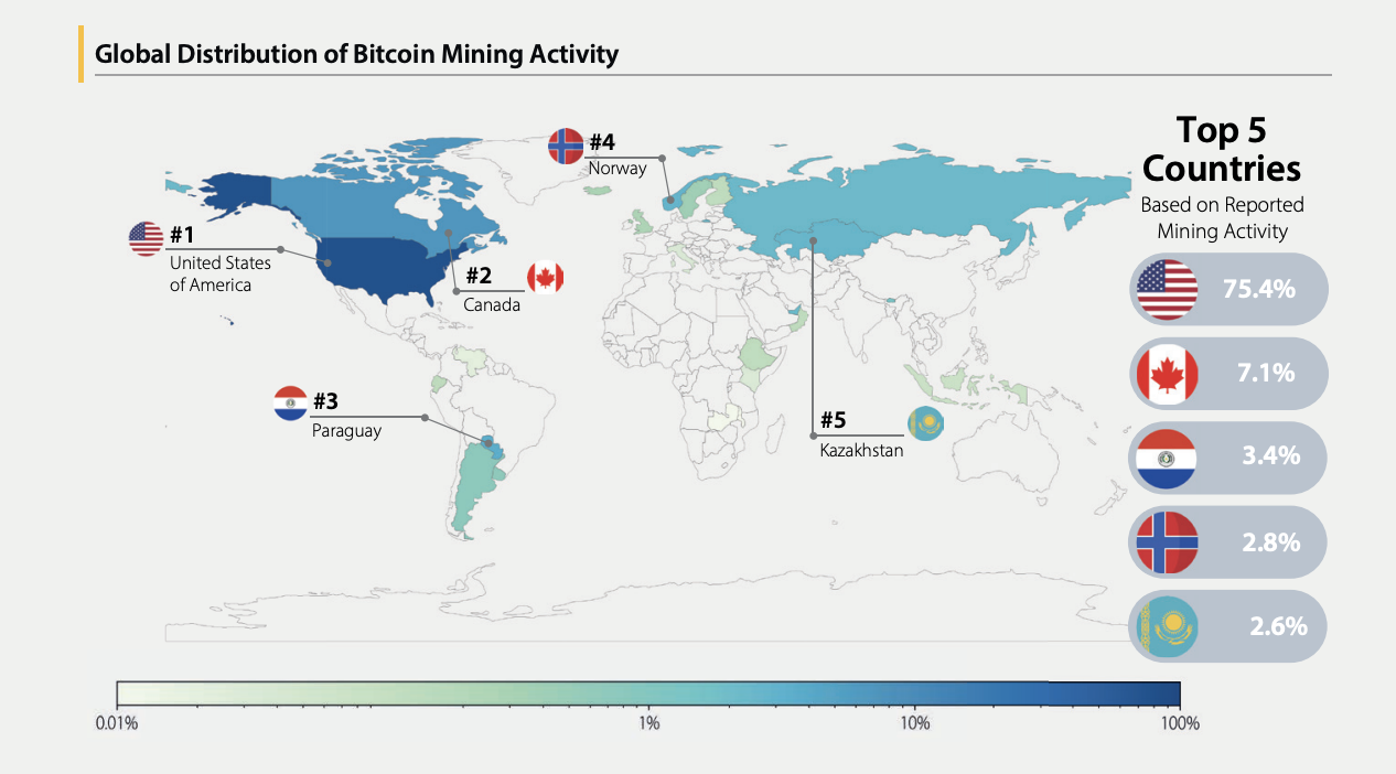 Distribuição global da atividade de mineração de Bitcoin.