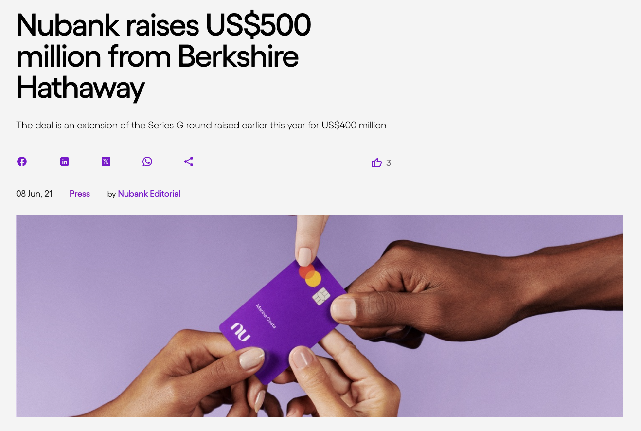 Comunicado de Imprensa Oficial. Fonte: Nubank.