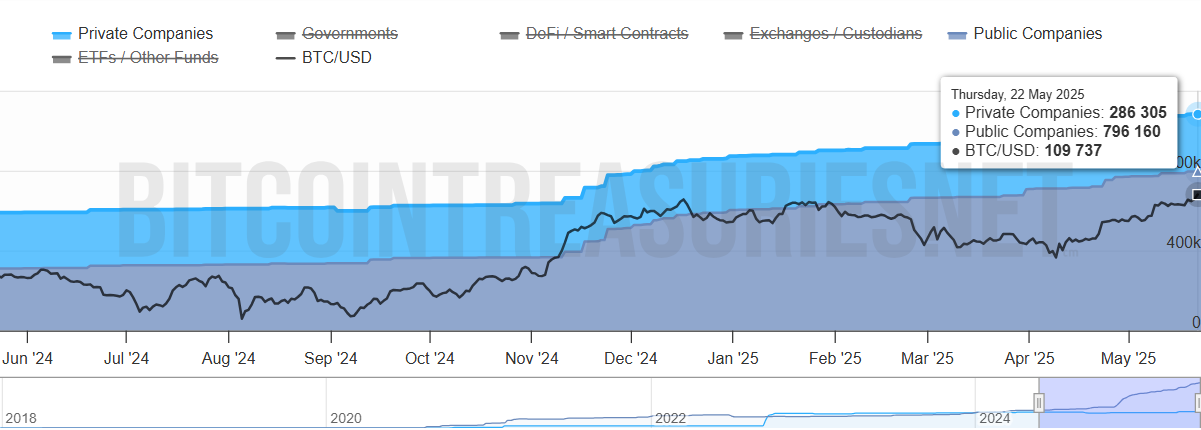 Total de Bitcoin Acumulado por Empresas. Fonte: Bitcoin Treasuries