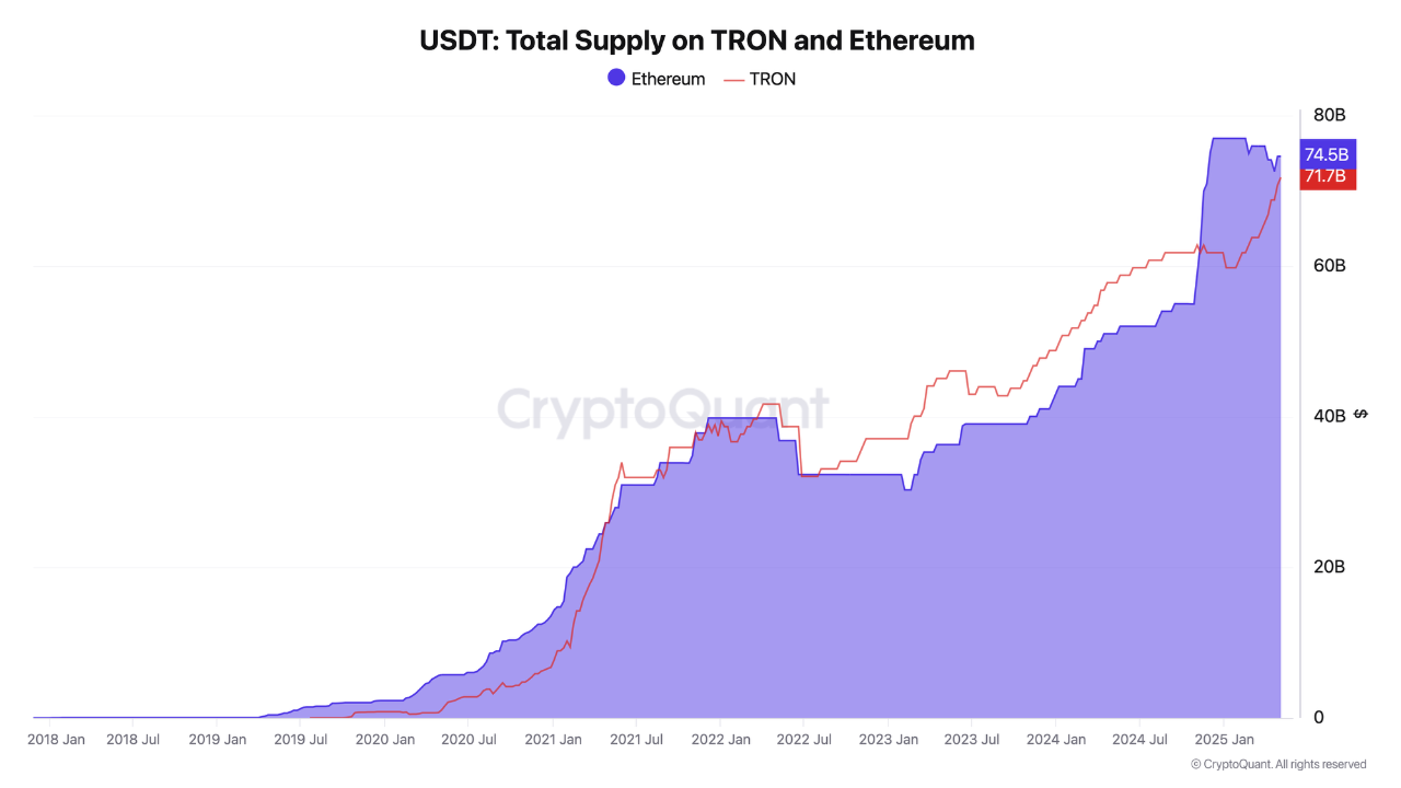 Fornecimento Total de USDT na TRON e Ethereum. Fonte: CryptoQuant