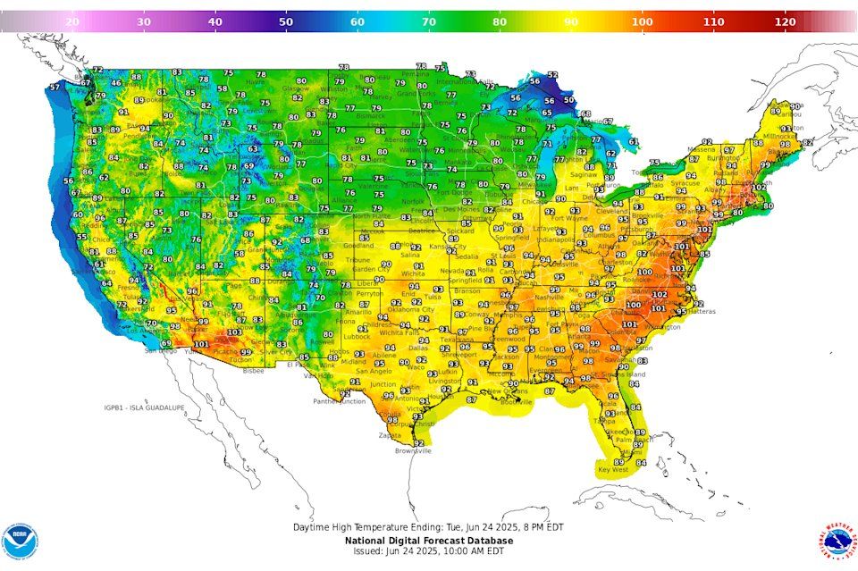 Temperatura Máxima Diurna nos Estados Unidos. Fonte: National Digital Forecast Database (NDFD)