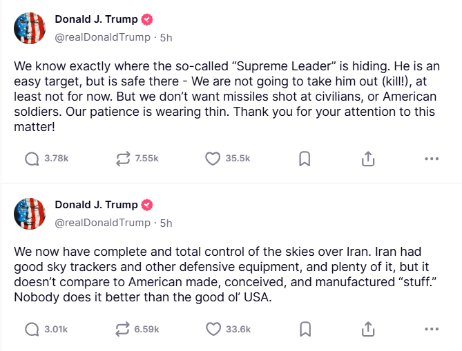 Aviso do Presidente dos EUA, Donald Trump, sobre o conflito, de 17 de junho de 2025. Fonte: Truth Social