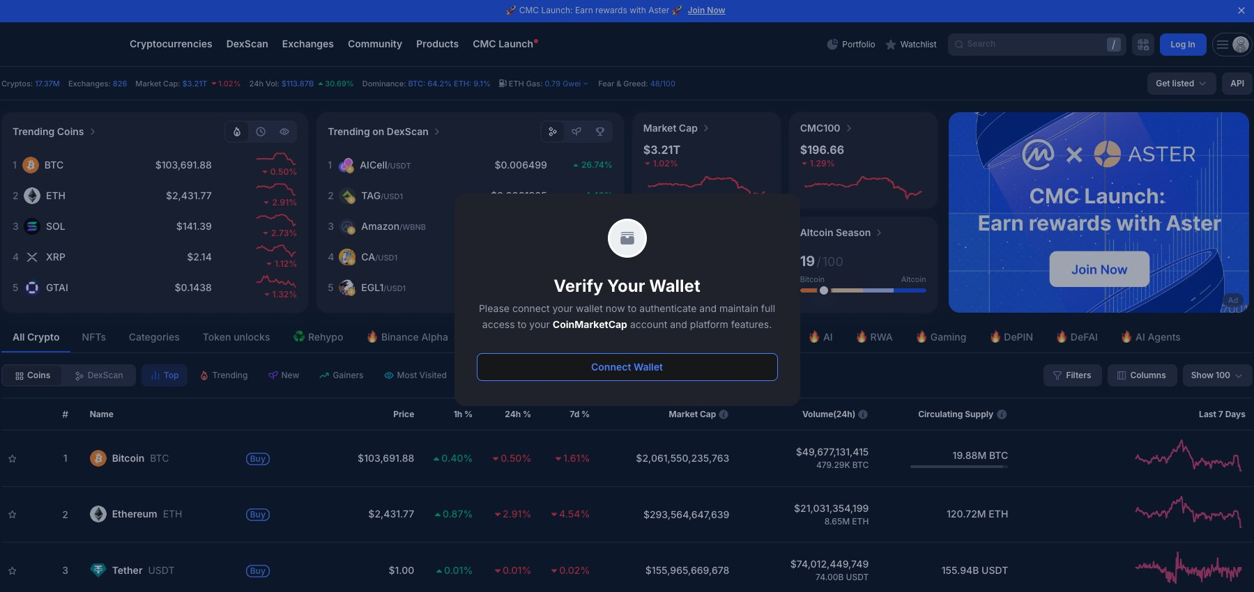 A mensagem pop-up maliciosa na página inicial do CoinMarketCap.