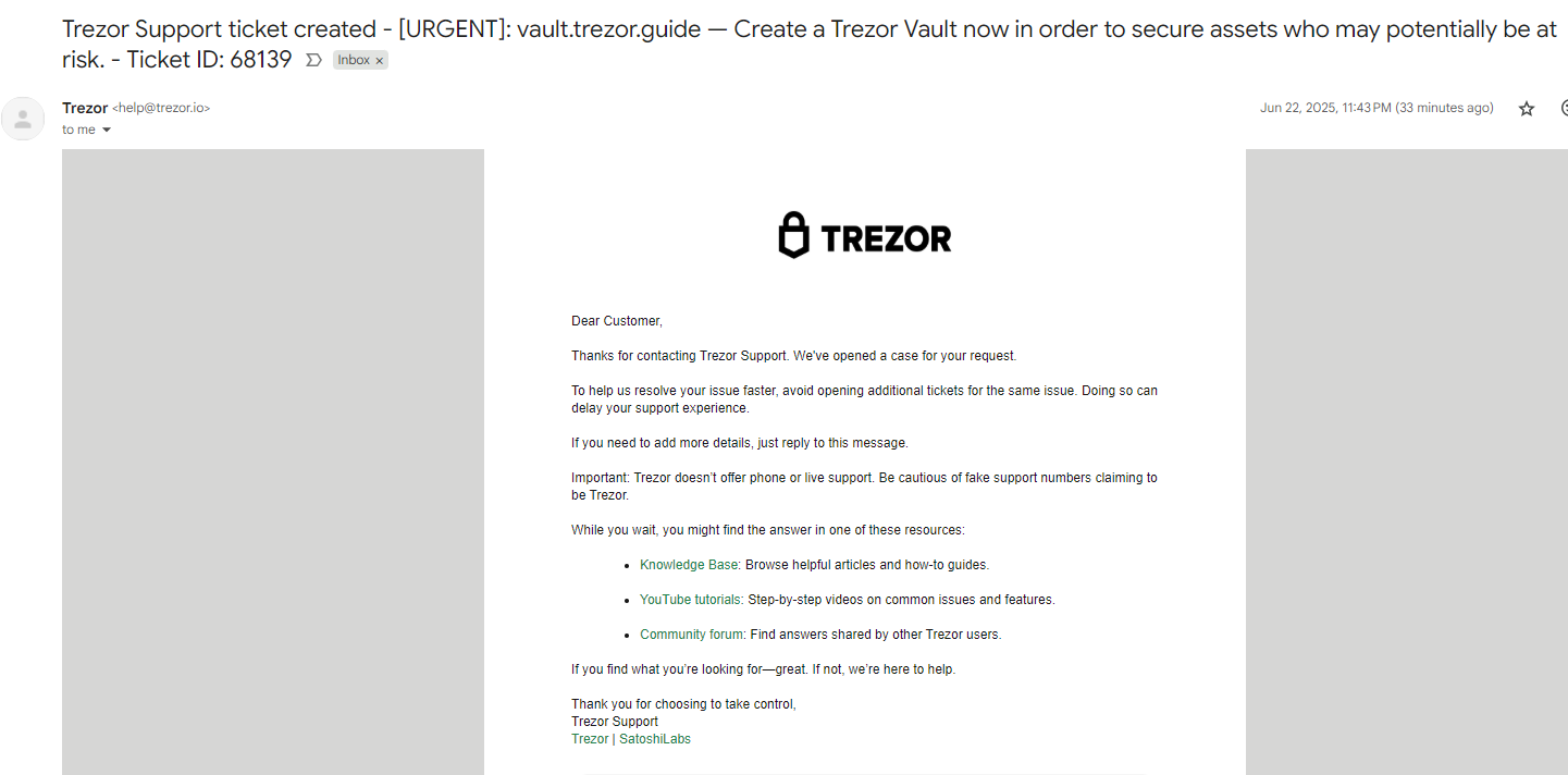 E-mail de Phishing da Trezor