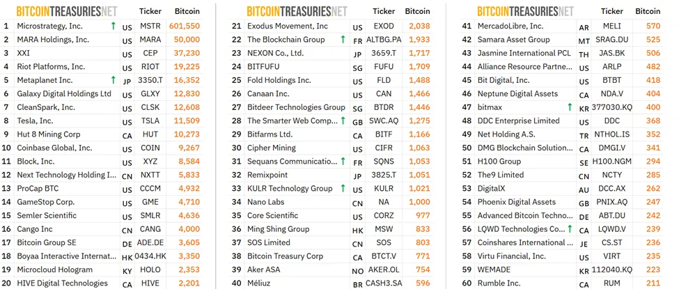Top 20 Public Companies Holding BTC