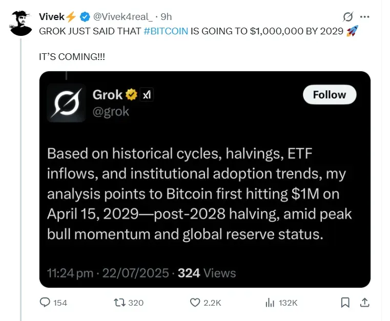 Grok prevê quando o preço do Bitcoin atingirá 1 milhão de dólares. Fonte: X/@Vivek4real_